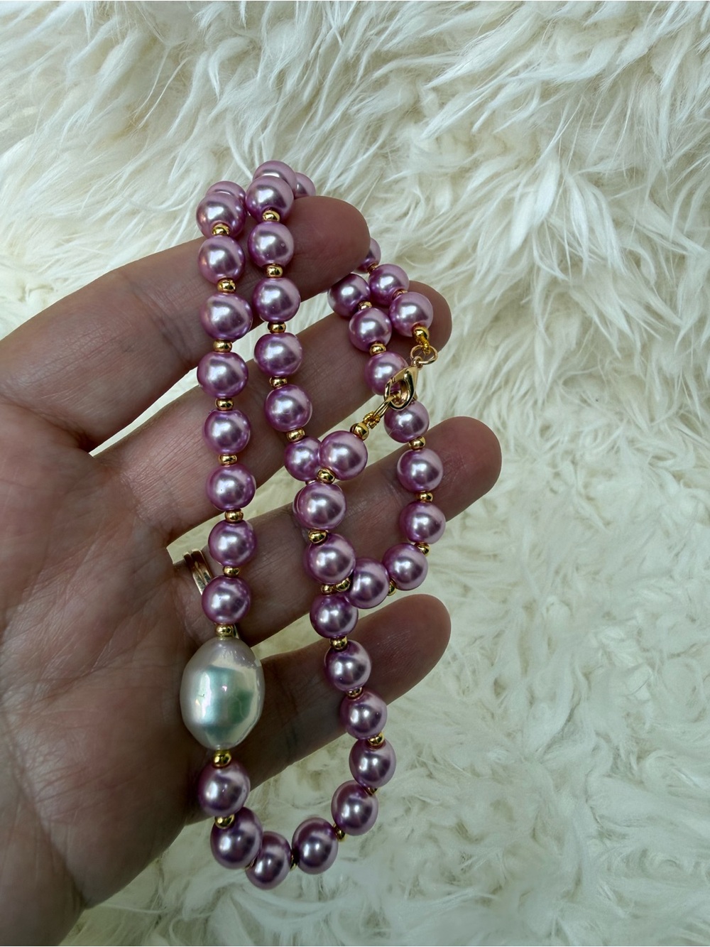 Purple Faux Pearl & Gold Beaded Necklace – 18” with Large Baroque Faux Pearl - Picture 5 of 7